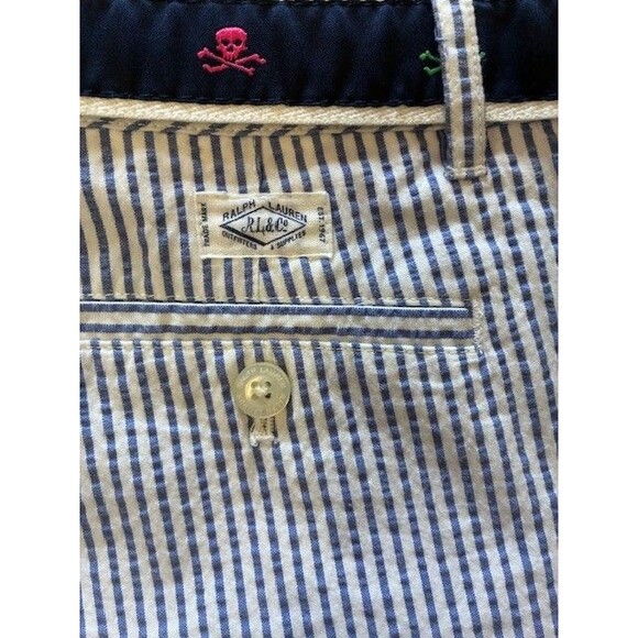 Polo Ralph Lauren Shorts Girls 14 Blue White Striped Seersucker With Skull Belt - Picture 3 of 5